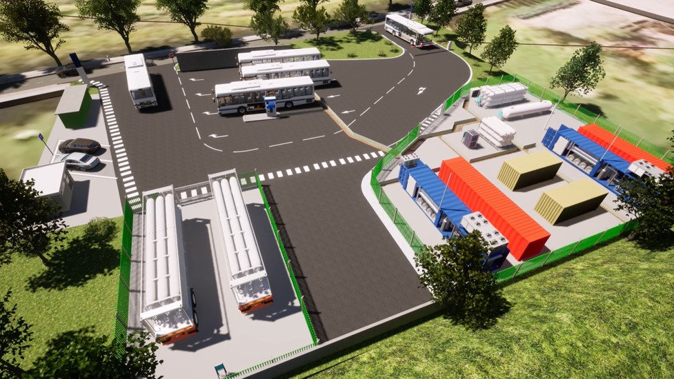 Station hydrogène pour bus avec zones de ravitaillement, stockage et camions-citernes.