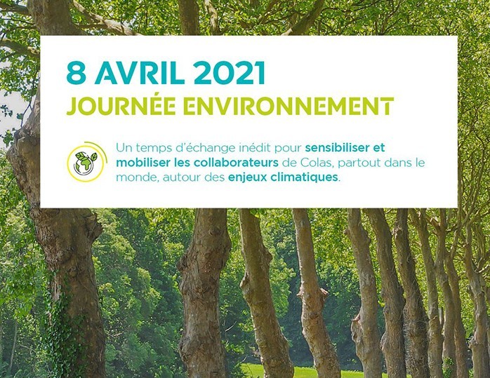 Affiche faisant la promotion d’un événement environnemental organisé par Colas le 8 avril 2021 sur un fond de route de campagne