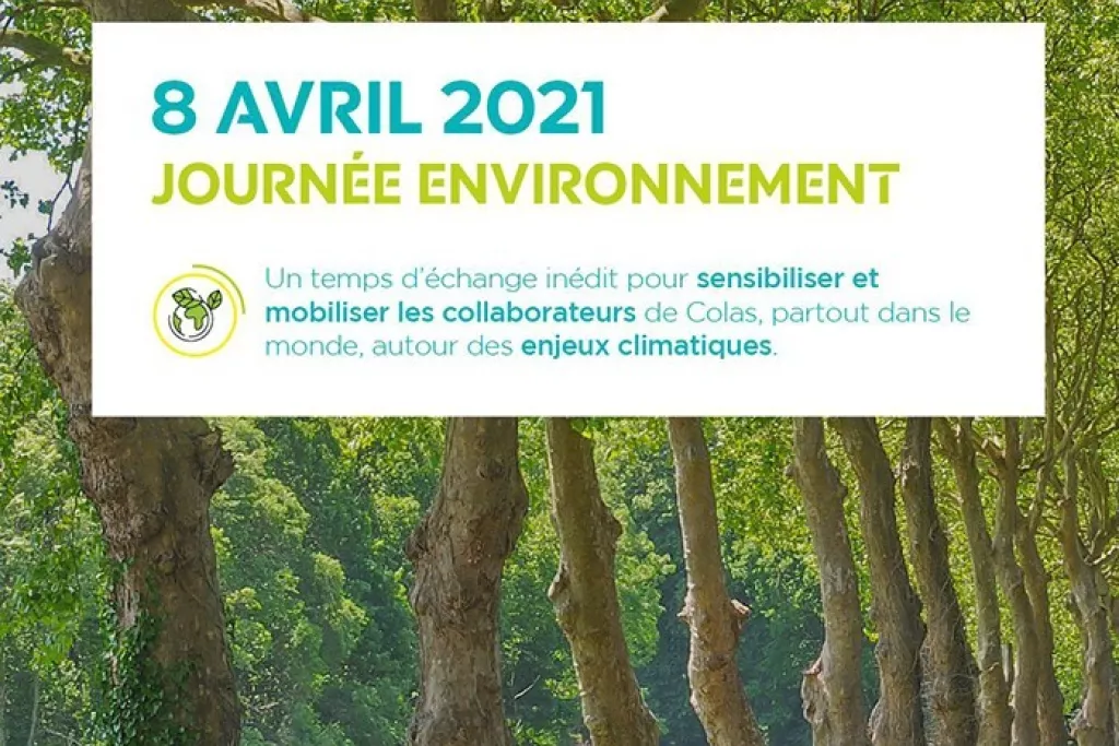 Affiche faisant la promotion d’un événement environnemental organisé par Colas le 8 avril 2021 sur un fond de route de campagne
