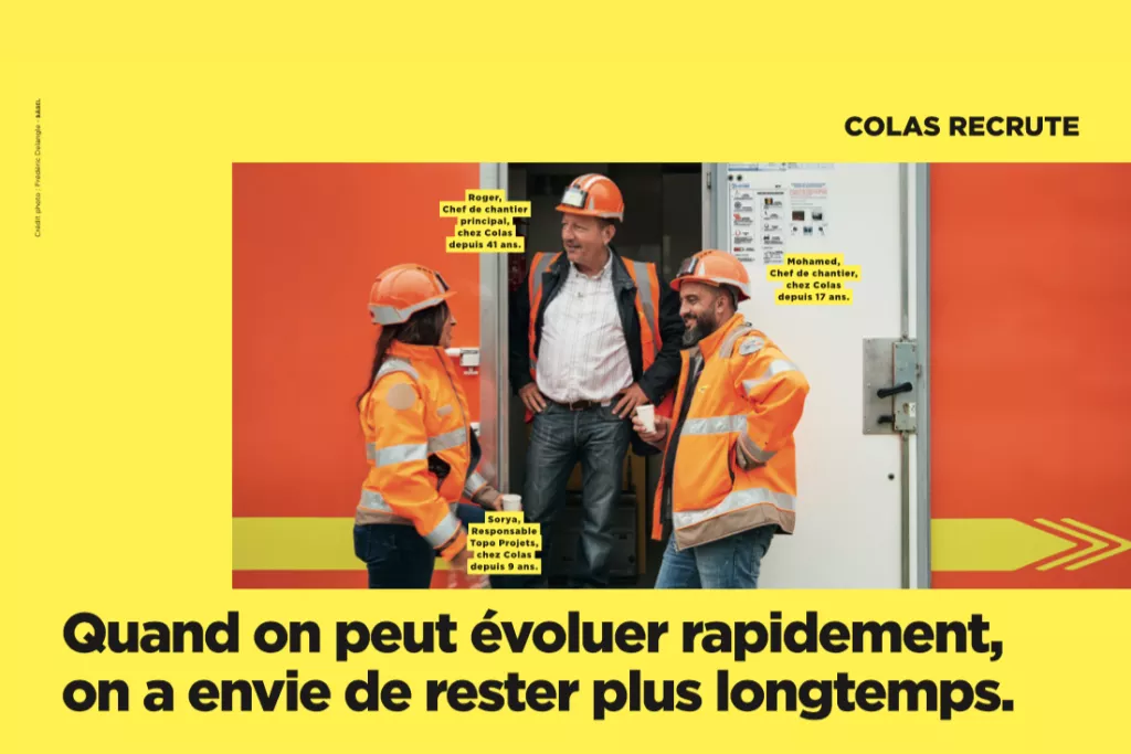 Affiche promotionnelle pour Colas, mettant en scène trois individus en tenue de chantier ou de travail