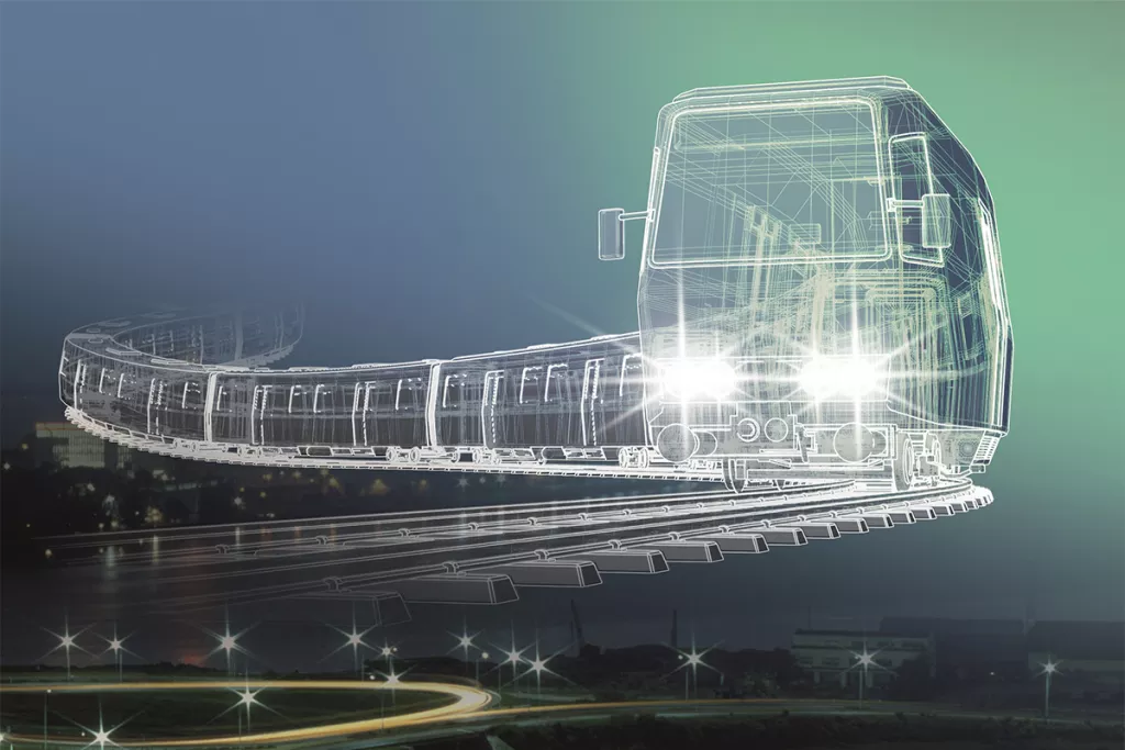 Composite numérique présentant une version futuriste ou conceptuelle d’un train