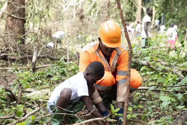 Un collaborateur et un enfant en train de planter un arbre