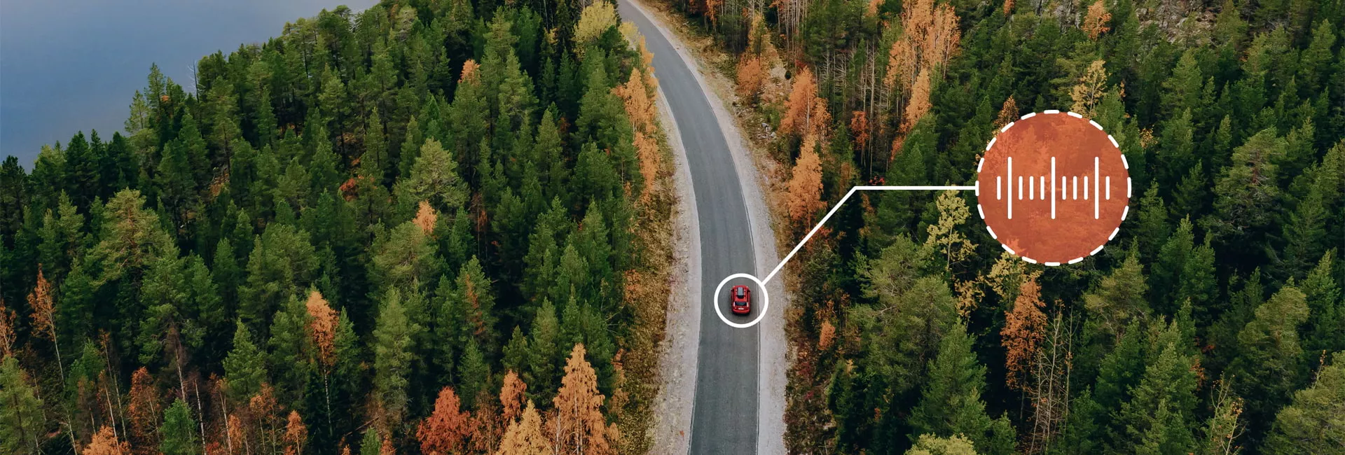 Forest with a road between the two and a red car with a voice sign