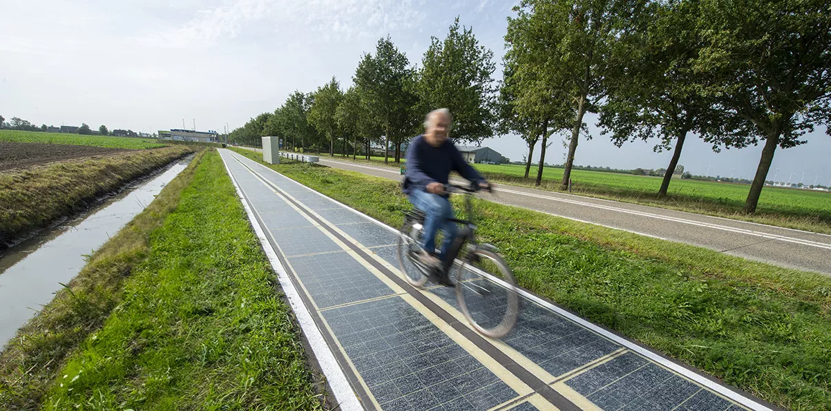 Cyclist on a photovoltaic cycle path