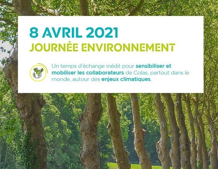 Poster promoting an environmental event organized by Colas on April 8, 2021 against a background of a country road