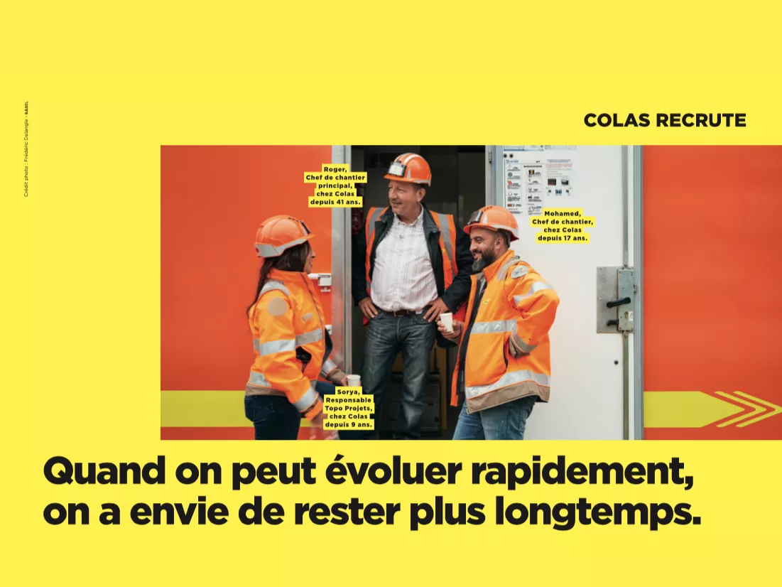 Promotional poster for Colas, featuring three individuals in construction site or work attire