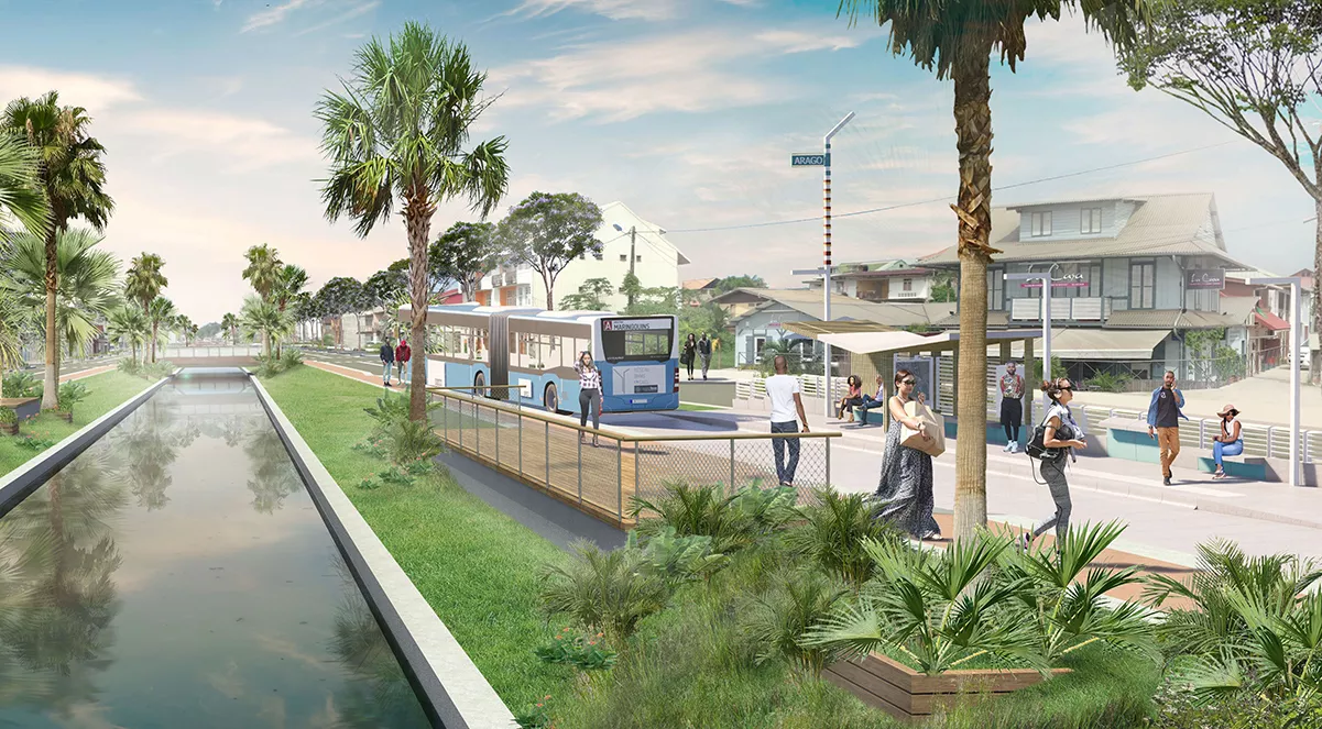 Street with a bus stop and a canal surrounding it