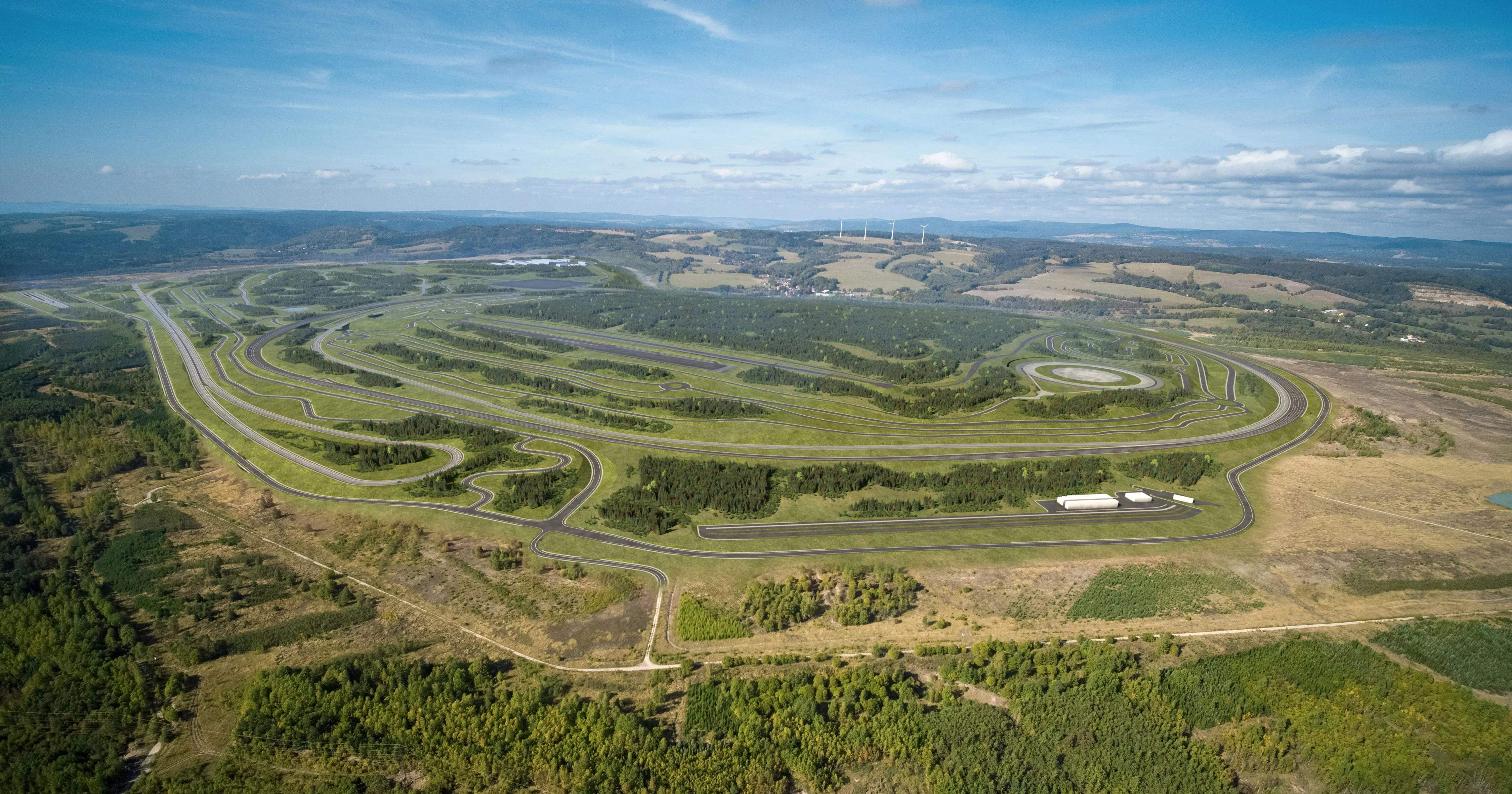 Aerial view of a large complex designed for vehicle testing and motor sports