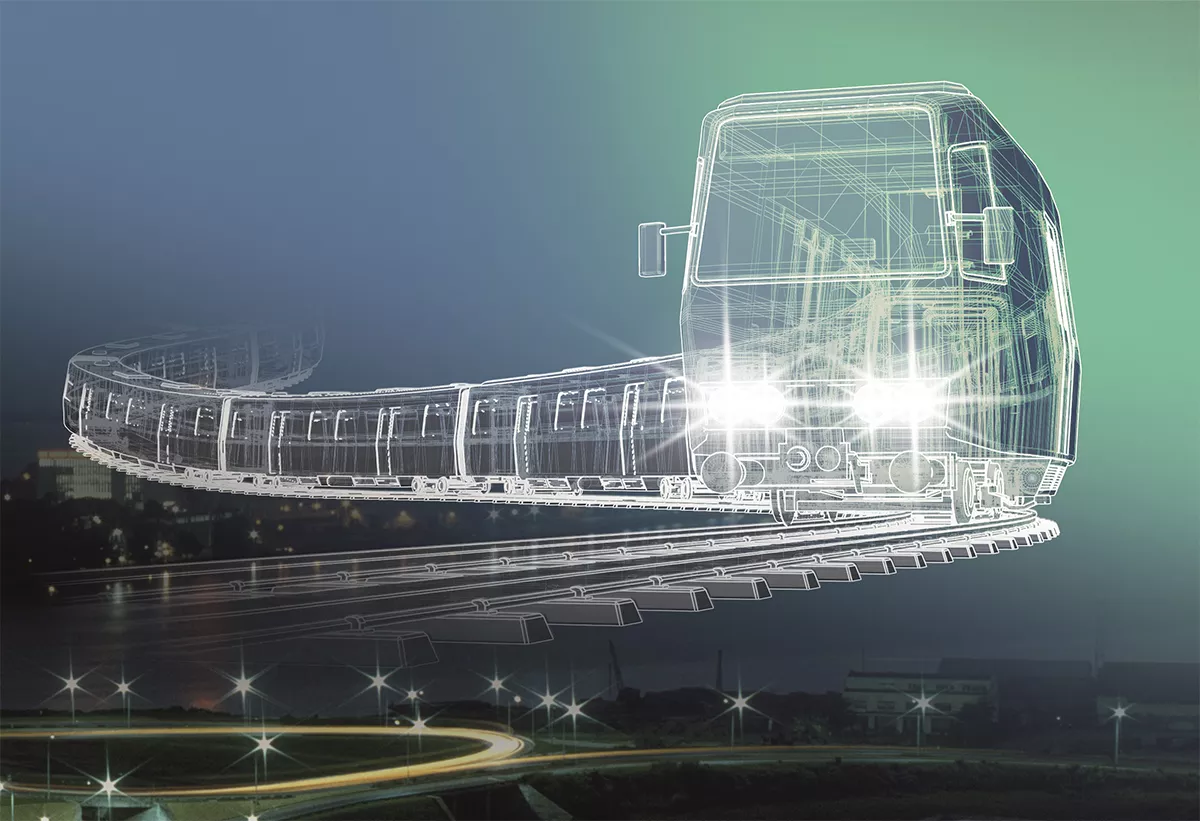 Composite numérique présentant une version futuriste ou conceptuelle d’un train