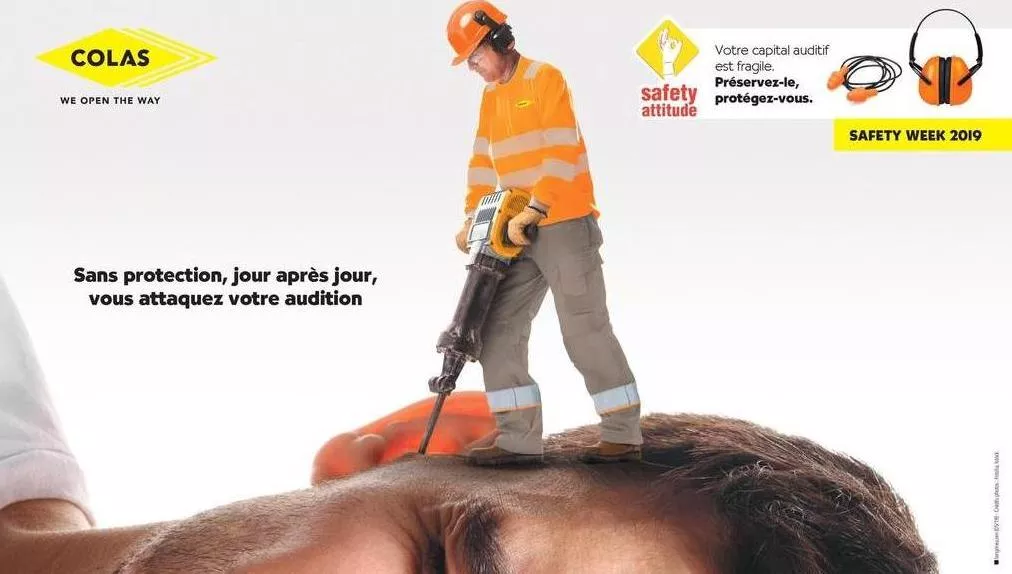 Poster of a mini collaborator with a jackhammer on a man’s ear