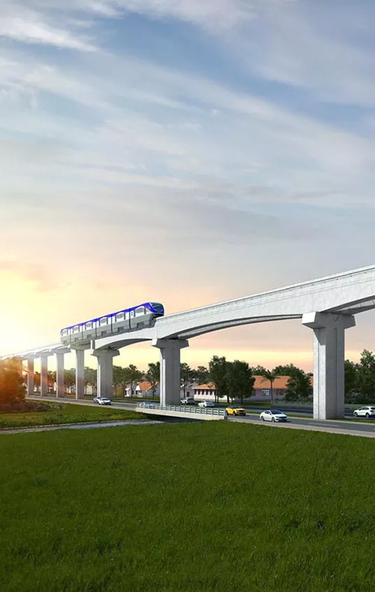 Digital rendering of a transportation system with a monorail or elevated railway