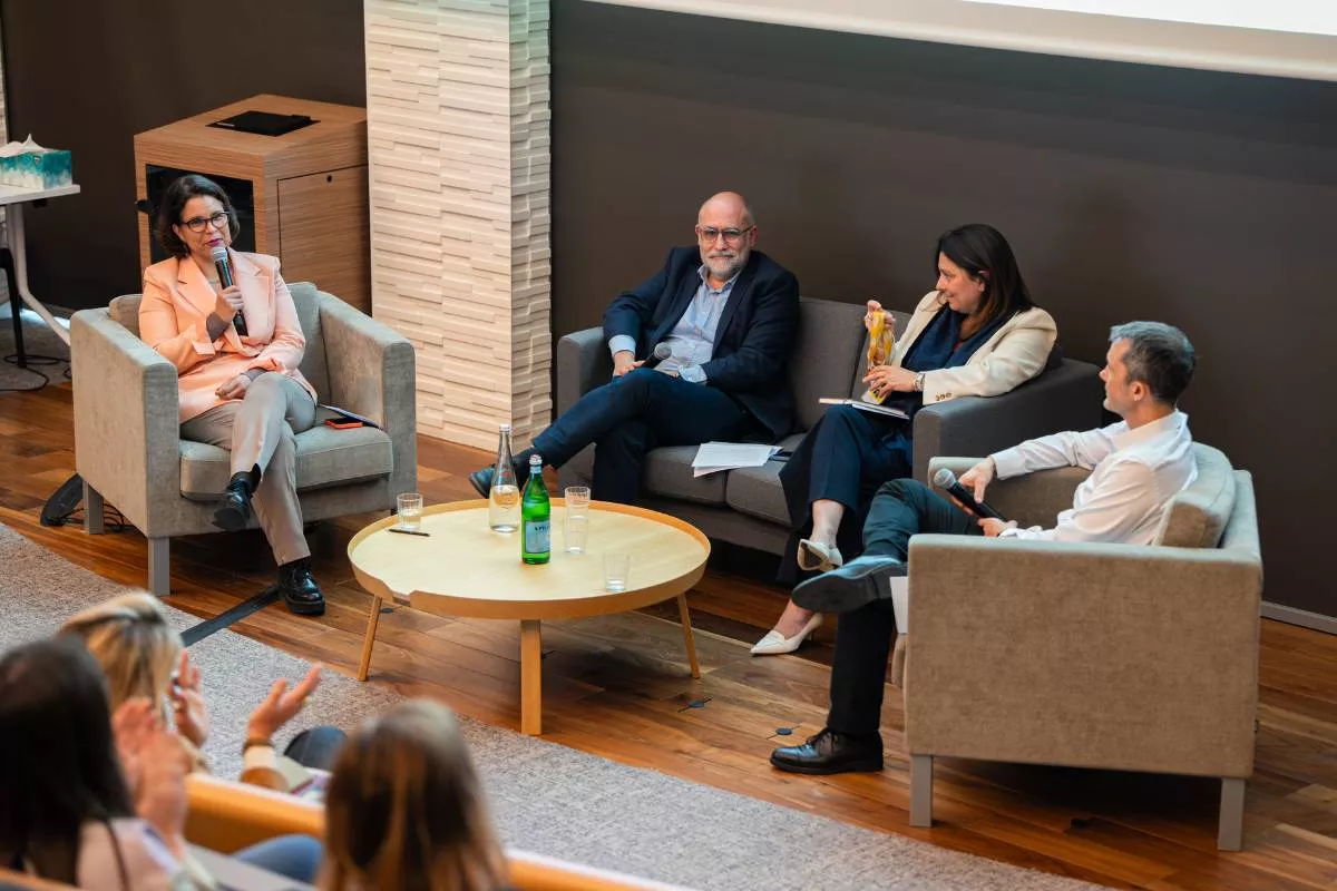 Roundtable discussion on inclusive careers featuring four people—two men and two women—sharing their experiences.